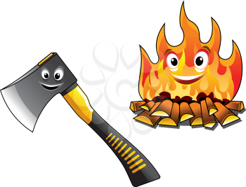 Cartoon axe or chopper for chopping the firewood and a separate burning fire with happy smiling faces for travel and tourism design