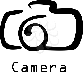 Stylized black and white doodle sketch of a digital camera isolated on white