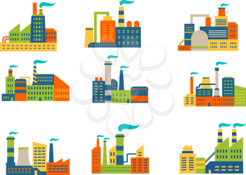 Factories and plants set in flat retro style isolated on white background