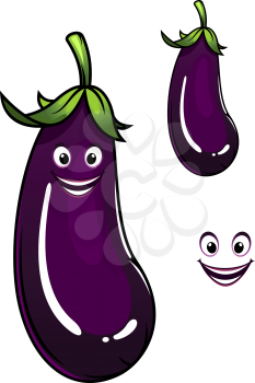 Happy healthy farm fresh whole purple eggplant or aubergine with a smiling face and green stalk in cartoon style