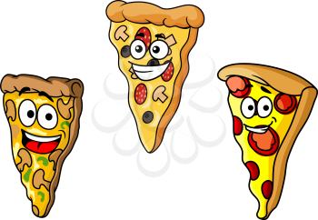 Cartoon pizza slices for fast food and pizzeria design