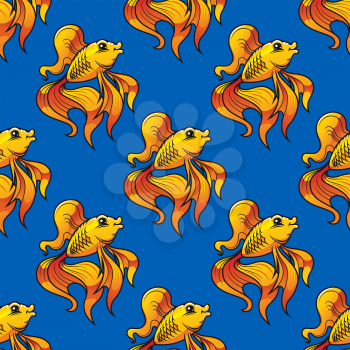 Beautiful ornamental goldfish seamless pattern with long flowing fins and tail on a blue background in square format for wallpaper, tiles and fabric