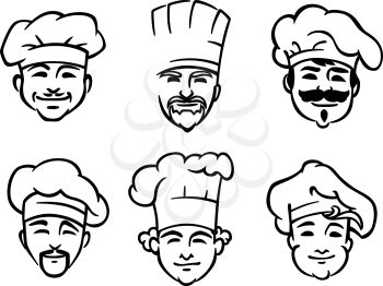 Set of six different black and white doodle sketch chef or cooks heads with smiling faces wearing the traditional white toque or hat