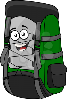Green cartoon rucksack or backpack with a big happy laughing smile for hiking and adventure isolated on white