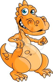 Cute orange cartoon dragon with blue eyes and a toothy smile standing upright isolated on white