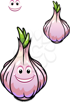 Sprouting fresh garlic bulb with individual cloves, a happy smiling face and cluster of small green sprouts at the top isolated on white