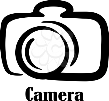 Black and white doodle sketch camera icon with a digital camera over the text in black - Camera