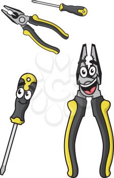 Matching cartoon pliers and screwdriver with colorful yellow and grey handles and happy smiling faces, isolated on white background