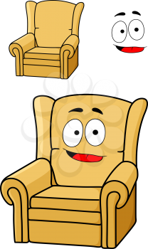 Comfortable cartoon yellow upholstered armchair with a broad grin and red tongue, isolated on white