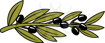 Leafy branch covered with ripe black olives, cartoon illustration isolated on white