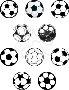 Set of different black and white soccer or football balls with a variety of pentagonal patterns, isolated on white background