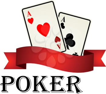 Poker label or emblem with the ace of hearts and ace of clubs over a blank red ribbon banner with copyspace and the text - Poker - below