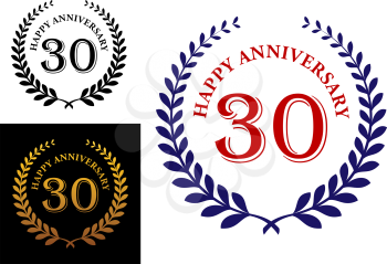 Happy 30th anniversary emblem with a foliate laurel wreath enclosing the text - Happy Anniversary and 30 -  in three color variations