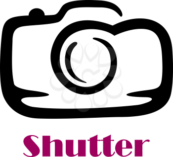 Black and white doodle sketch camera symbol with the word Shutter in purple underneath