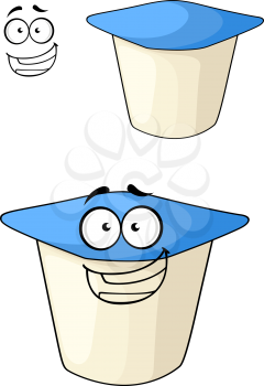 Cheeky white and blue cartoon yoghurt with a happy smile with a second plain variation with a separate smiling face element, isolated on white