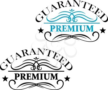 Black and blue colored Guaranteed Premium calligraphic labels design isolated over white background
