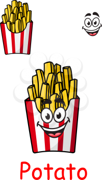 Colorful red and white striped takeaway box full of fried golden potato chips with a happy cheerful smile plus a second variation with no smile, and the word - Potato