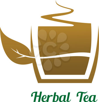 Steaming cup of herbal tea icon or label with a brown and white silhouette of a cup of hot beverage with a fresh leaf and the words - Herbal Tea - below