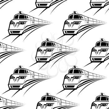 Black and white modern train with an approaching engine seamless background pattern with a repeat motif in square format