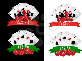Casino symbols with decorative ribbons, gambling cards, chips and dice on black or white background