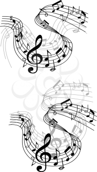 Two different black and white musical waves or compositions with swirling clef, notes and scores in a music and audio concept