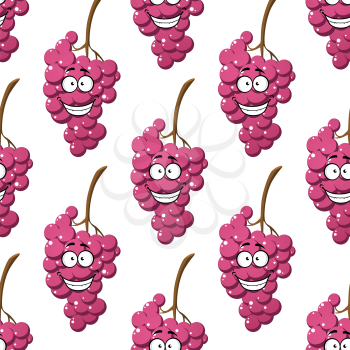Cartoon bunches of purple grapes with a beaming happy smile seamless background pattern with repeat motifs in square format