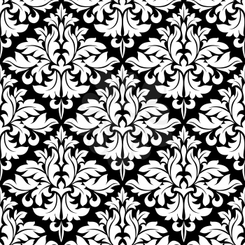 Seamless bold white colored floral arabesque pattern in damask style motifs suitable for wallpaper, tiles and fabric design isolated over black colored background