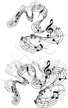 Abstract musical compositions with notes and sound waves for art or music concert design