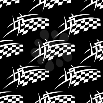 Seamless pattern of a black and white checkered flag used in motor sports on a black background with repeat motifs in square format