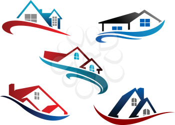 Colorful roof of houses with swoosh as the symbol of real estate business isolated over white background 