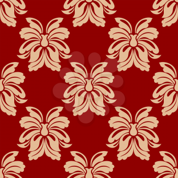 Dainty bold beige colored floral seamless pattern with decorative flower elements isolated over maroon colored background in square format