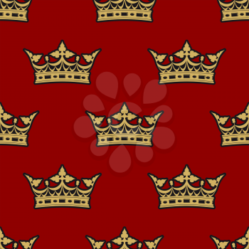 Golden crown seamless background pattern on a rich red background suitable for heraldry, wallpaper, tiles and fabric in square format