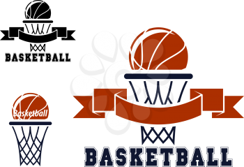 Basketball emblems or symbols with basket and balls for sporting design