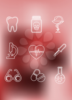  Medical icons in outline style on a graduated blurred red background with a tooth, poison, caduceus, microscope, heart, dropper, eyeglasses, tablets and laboratory flask