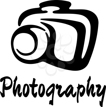 Black and white doodle sketch photography icon with a digital camera and lens above the script - Photography