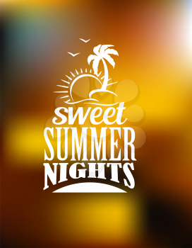 Sweet Summer Nights poster or banner design on a muted soft brown and gold background with the text in white with a palm tree, seagulls and sun over waves