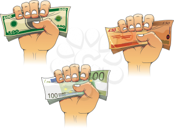 Three hands grasping money with dollar, euro and pound banknotes, cartoon illustration, for business concept design