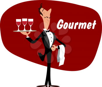 Elegant wine steward or waiter holding a tray with glasses of red wine and the word - Gourmet