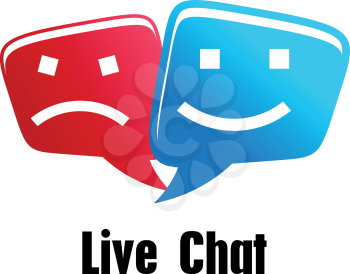 Live Chat icon with two speech bubbles with faces, one unhappy in red and one smiling in blue, above the text - Live chat
