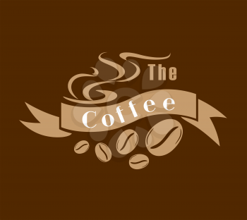 Coffee emblem or label in brown and white with a ribbon banner saying Coffee with twirling steam and coffee beans below