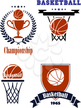 Basketball heraldry sporting symbols or logos with laurel wreath,trophy, ball and banners for sport team and leisure design