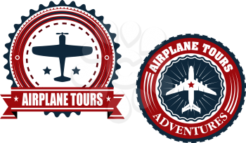 Airplane tours badges or emblems with the silhouette of a plane inside a circular frame with text  Airplane Tours  one in a banner and one with additional Adventures for travel design