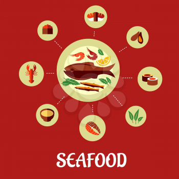 Delicious seafood flat infographic design with caviar, sushi, mussels, seaweed, red fish, salmon, sauce and lobster 