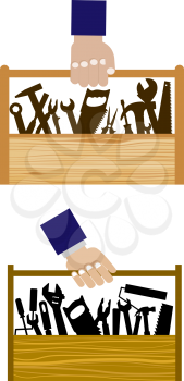 DIY icons with set of hand equipment tools in a wooden toolbox being carried by a human hand
