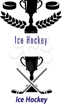 Silhouette ice hockey symbols with puck, trophy cup, sticks and laurel wreath isolated on white background for sport, logo and recreation design     