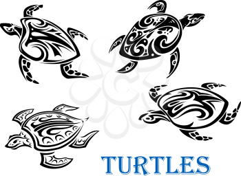 Swimming turtles set in tribal outline style isolated on white background. For tattoo or wildlife design