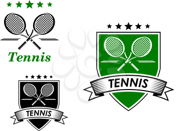 Tennis sporting emblem with rackets, ball and decorative elements isolated on white suitable for sports design 
