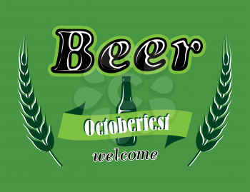 Oktoberfest  beer banner with bottle, ear, ribbon and text – oktoberfest – beer - welcome. Dark green, white and black colors