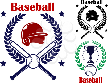 Three Baseball emblems or badges inside circular laurel wreaths, two with crossed bats, ball and helmet and one with a trophy and ball for sports design