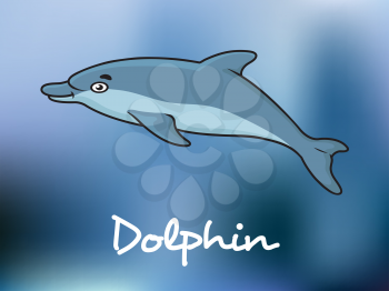 Cute cartoon blue dolphin swimming in ocean water with the text  Dolphin